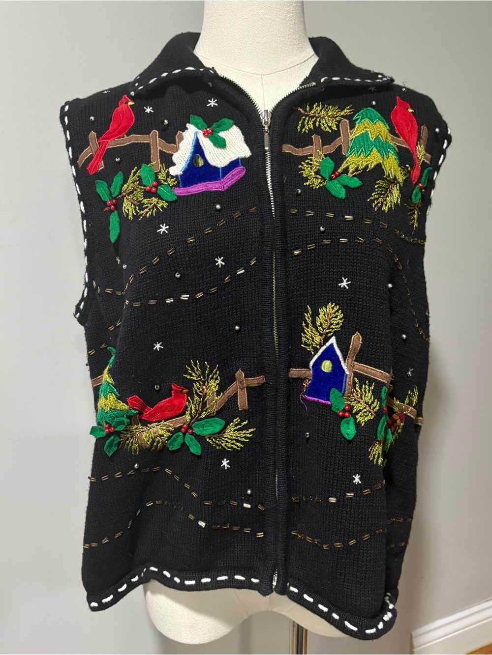 VTG‎ Ugly Christmas Sweater Vest Tree Zip Cardinals Black Beaded Holiday Sz XL